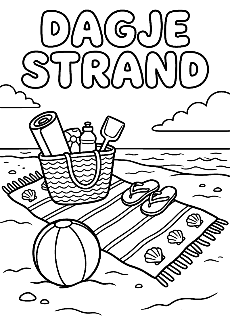 Stranddag met Handdoek Tas Slippers en Bal met Tekst Dagje Strand Strand Kleurplaat — gratis kleurplaat printen
