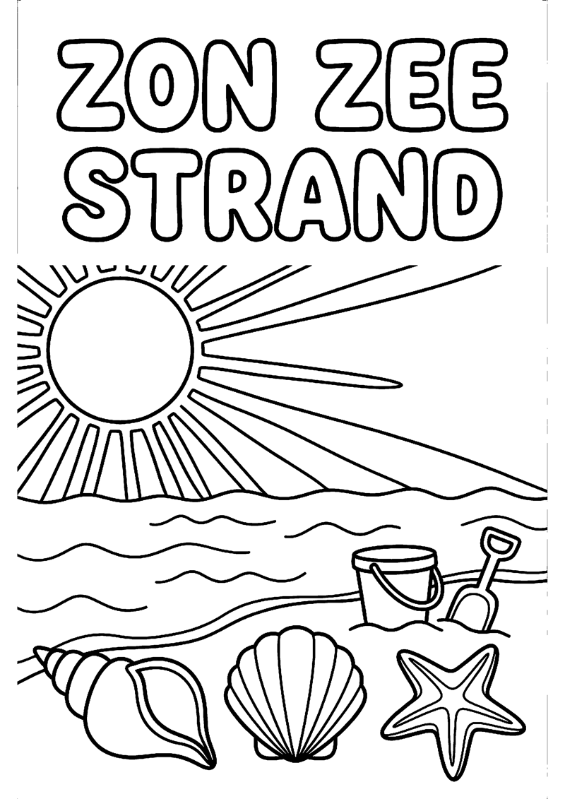 Strandscene met Zon Zee en Schelpen met Tekst Zon Zee Strand Strand Kleurplaat — gratis kleurplaat printen