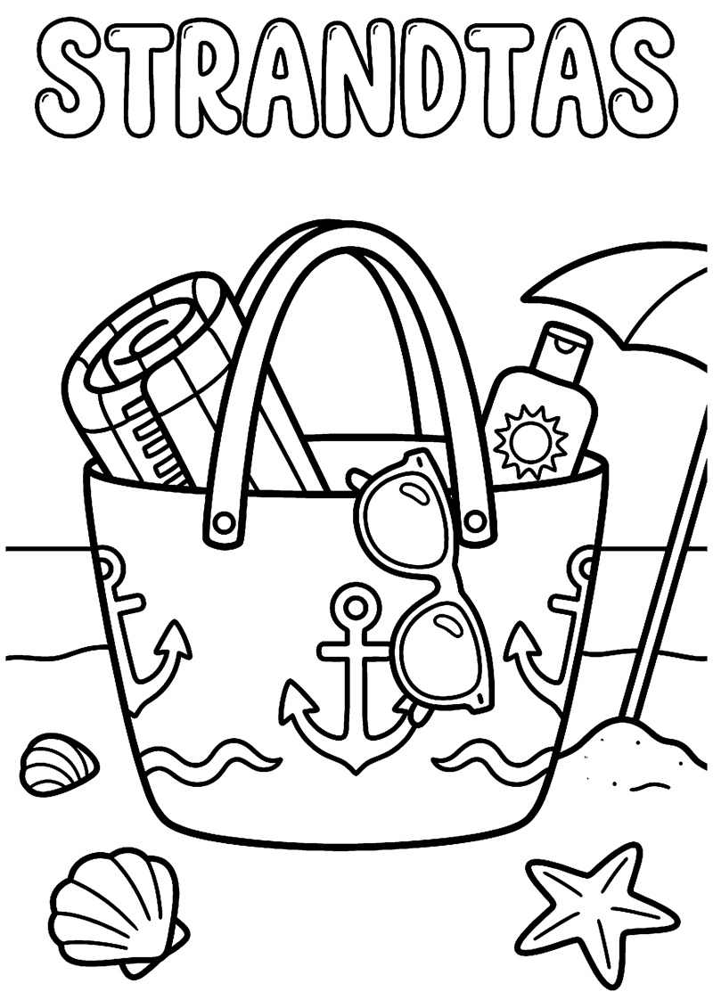 Strandtas met Zonnebril Handdoek en Zonnebrand met Tekst Strandtas Zomervakantie Kleurplaat — gratis kleurplaat