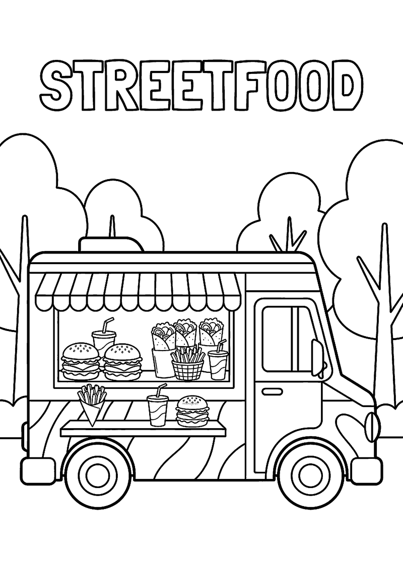 Kleurplaat van een foodtruck met luifel, hamburgers, friet, wraps en drankjes in de toonbank