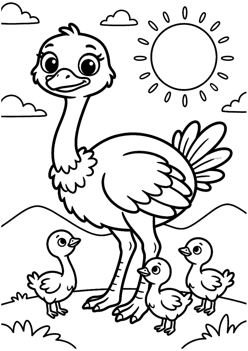 Kleurplaat van een vrolijke mama struisvogel met vier kleine kuikens in het gras onder een stralende zon