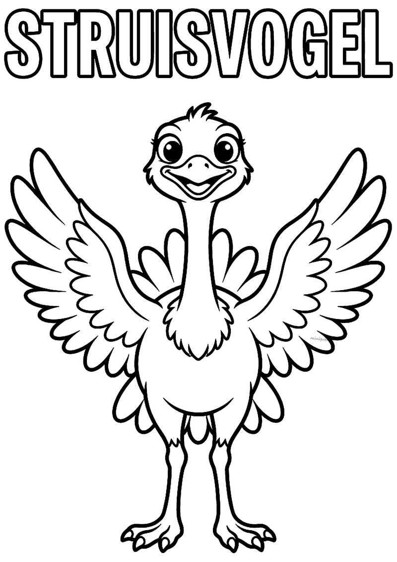 Kleurplaat van een lachende struisvogel met een lange nek die zijn pluizige vleugels wijd uitspreidt