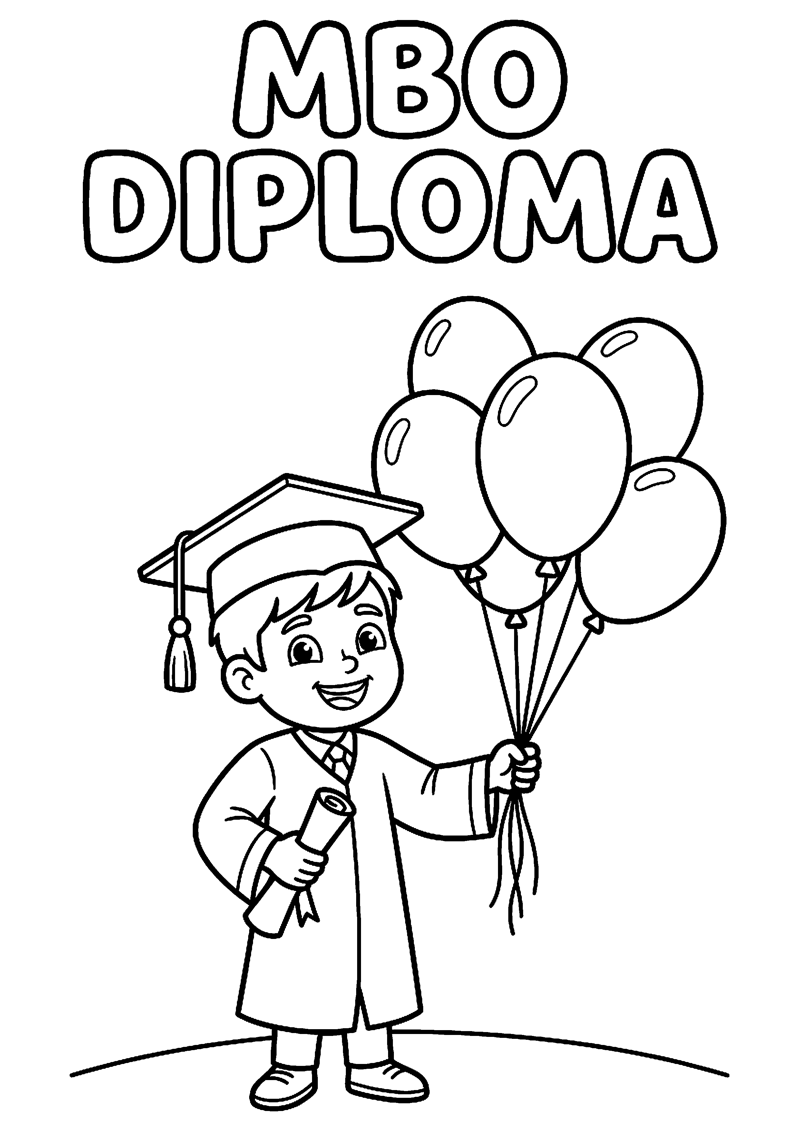 Student met Diploma en Feestballonnen met Tekst Mbo Diploma Geslaagd Kleurplaat — gratis kleurplaat