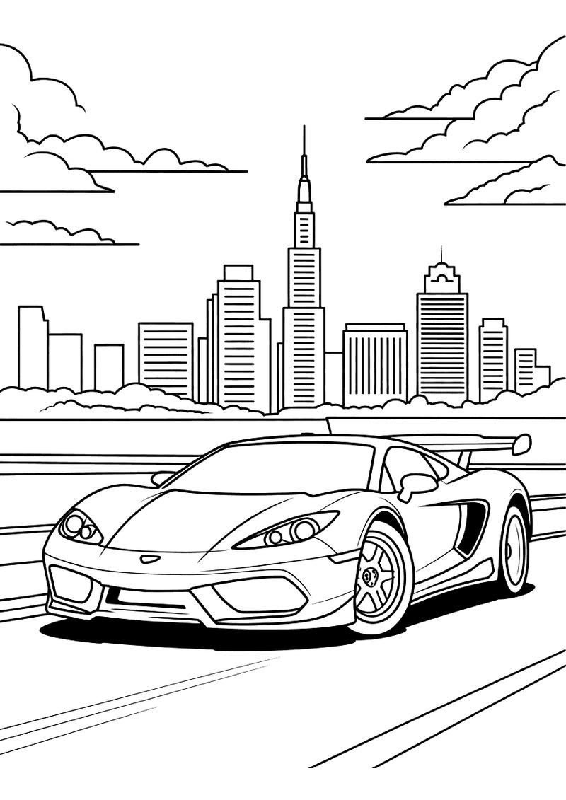 Kleurplaat van een aerodynamische superauto die in volle vaart rijdt voor een skyline van wolkenkrabbers en een toren