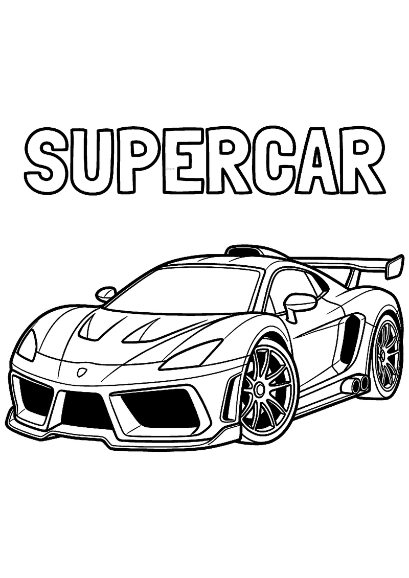 Kleurplaat van een lage sportwagen met grote luchtinlaten, brede velgen en een achtervleugel, met het woord Supercar