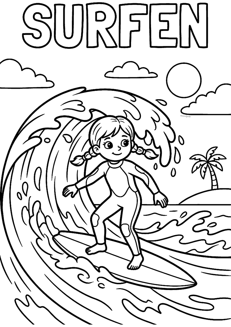 Kleurplaat van een meisje met vlechtjes in een wetsuit dat op een surfplank door een grote krullende golf surft