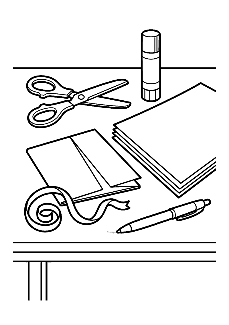 Kleurplaat van knutseltafel met schaar, lijmstift, stapel papier, krulkrullint en pen voor surprise