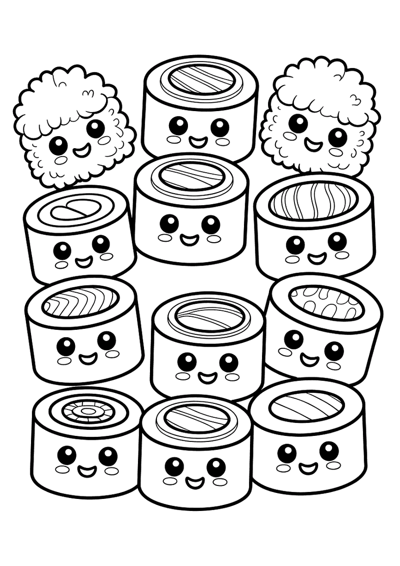 Kleurplaat van twaalf kawaii sushi-rolletjes en nigiri-stukjes met grote ogen en lachende mondjes.