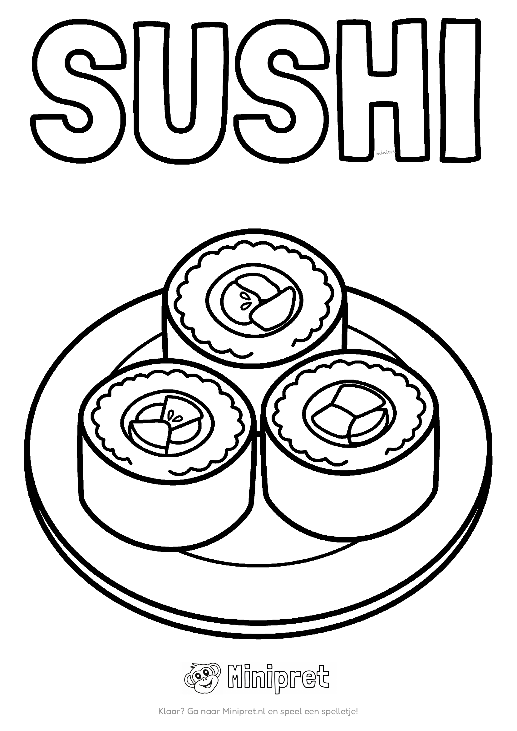 Sushi als kleurplaat: plank met diverse sushi-rolletjes en stokjes