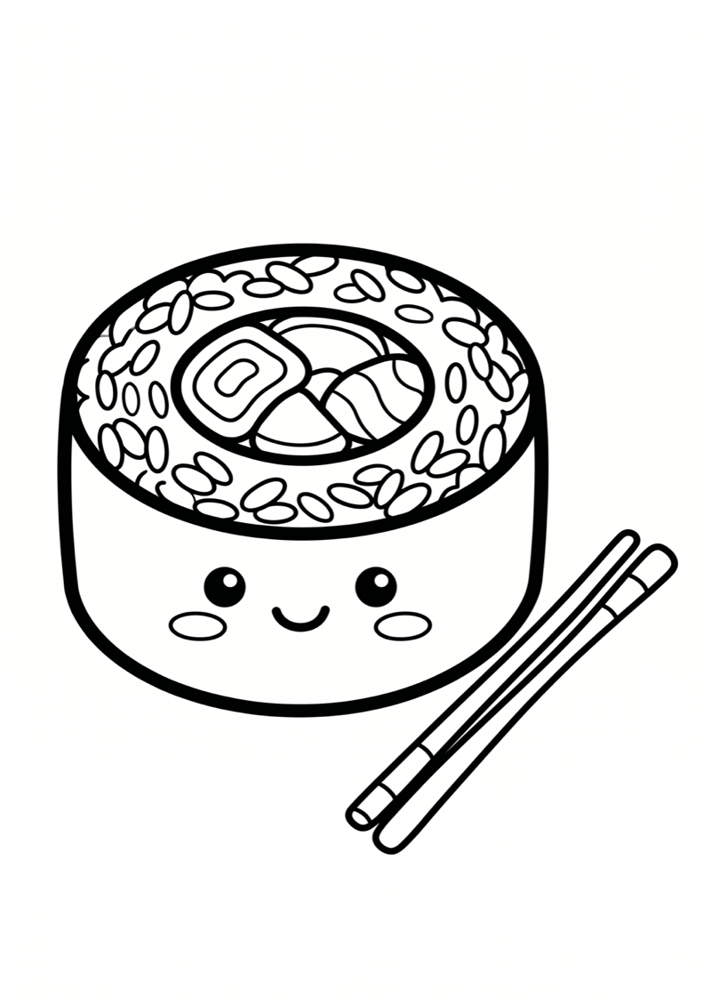Sushi Roll met Stokjes Kleurplaat — gratis kleurplaat