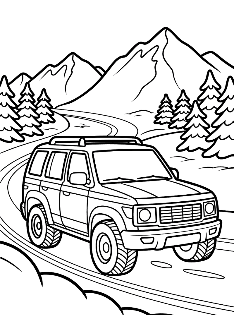 Kleurplaat van een grote SUV die over een bochtige besneeuwde bergweg rijdt met dennenbossen en bergtoppen op de achterg