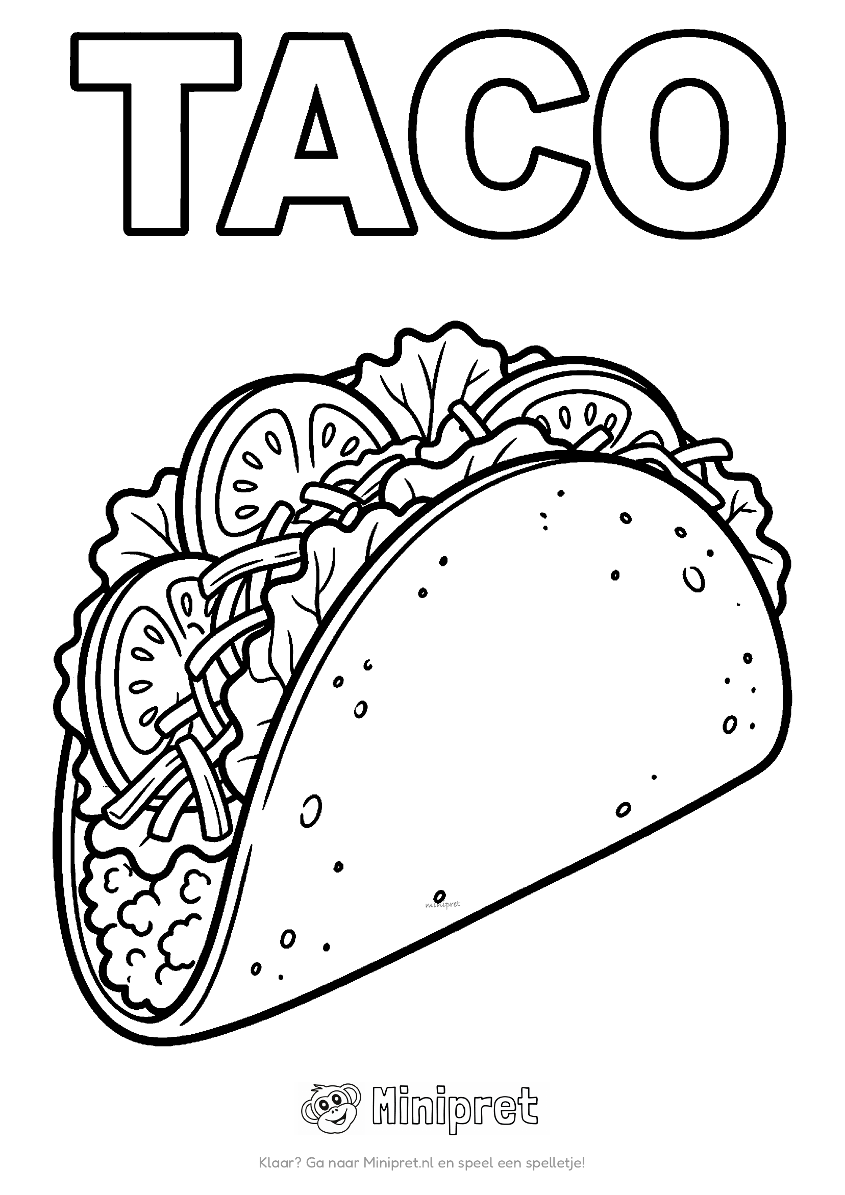 Taco als kleurplaat: opengevouwen taco met vulling van vlees, groente en kaas