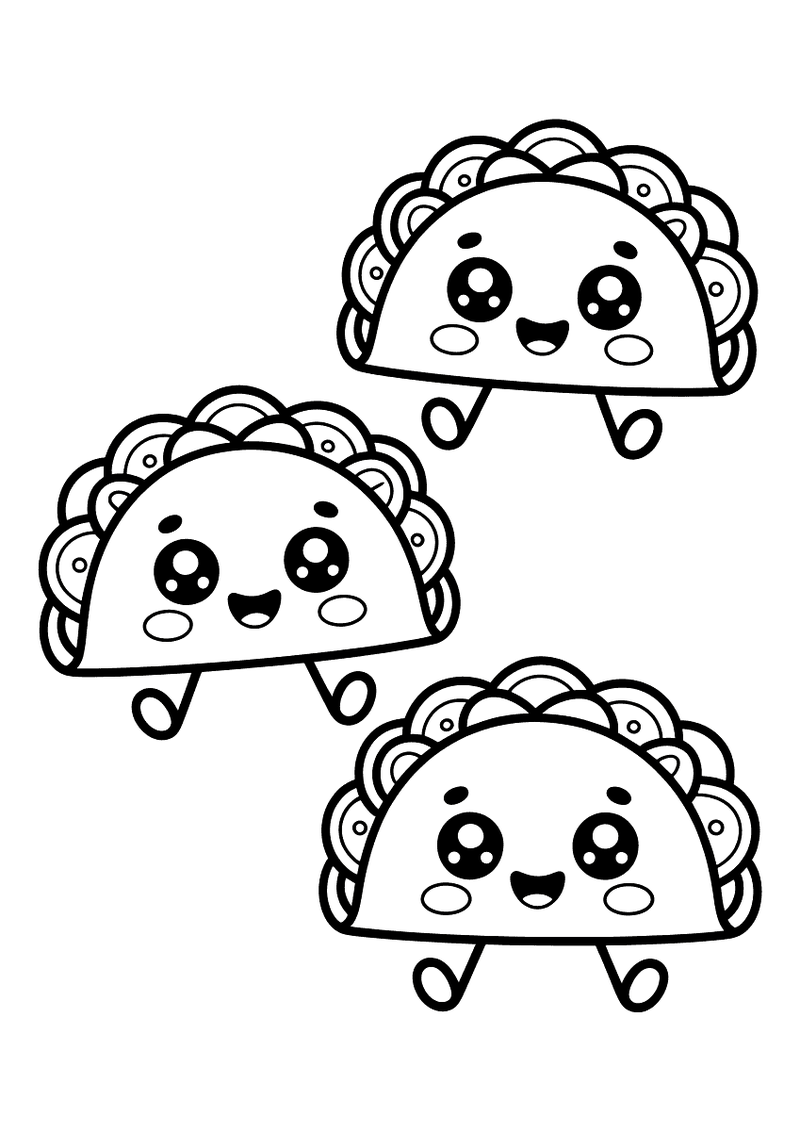Kleurplaat van drie kawaii tacos met grote ogen, armpjes en beentjes die door de lucht vliegen.
