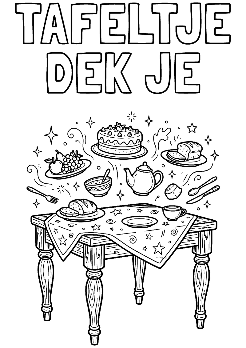 Kleurplaat van het toverachtige tafeltje uit Tafeltje dek je met zwevende taart, fruit, theepot en brood