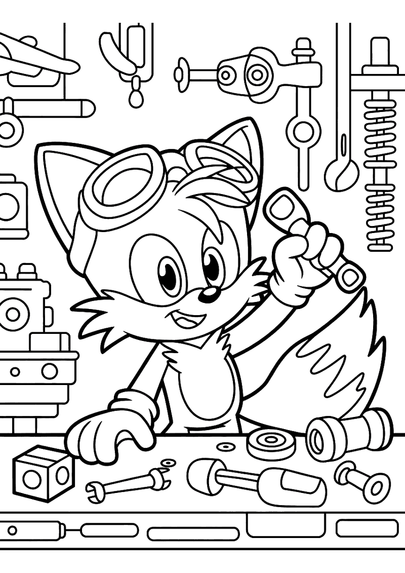 Tails bouwt in zijn werkplaats kleurplaat — gratis kleurplaat printen