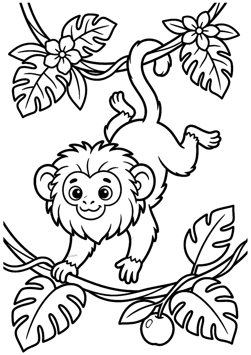 Tamarin hangt aan een liaan kleurplaat