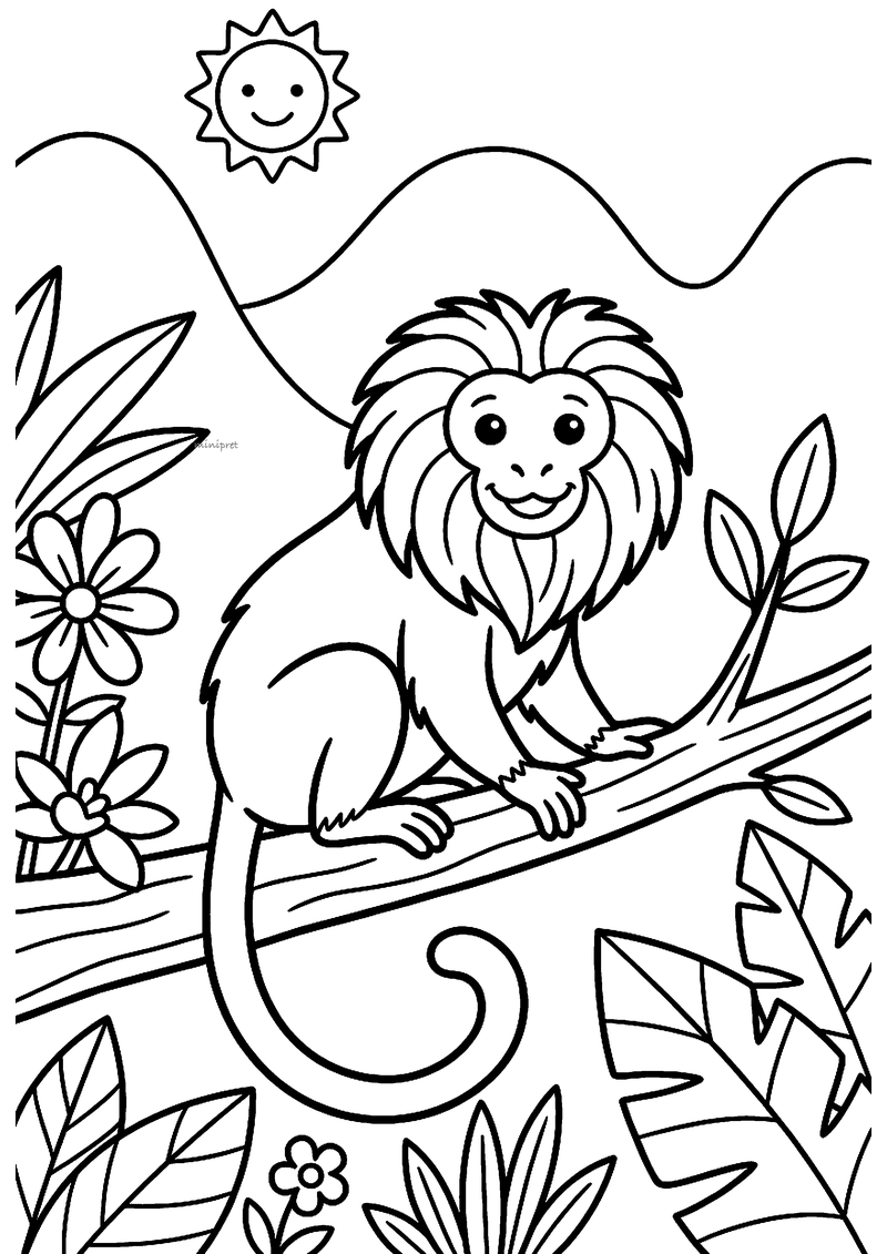 Kleurplaat van een tamarin aapje met een dikke manen rond zijn gezicht op een tak in de jungle, met bloemen en een zon