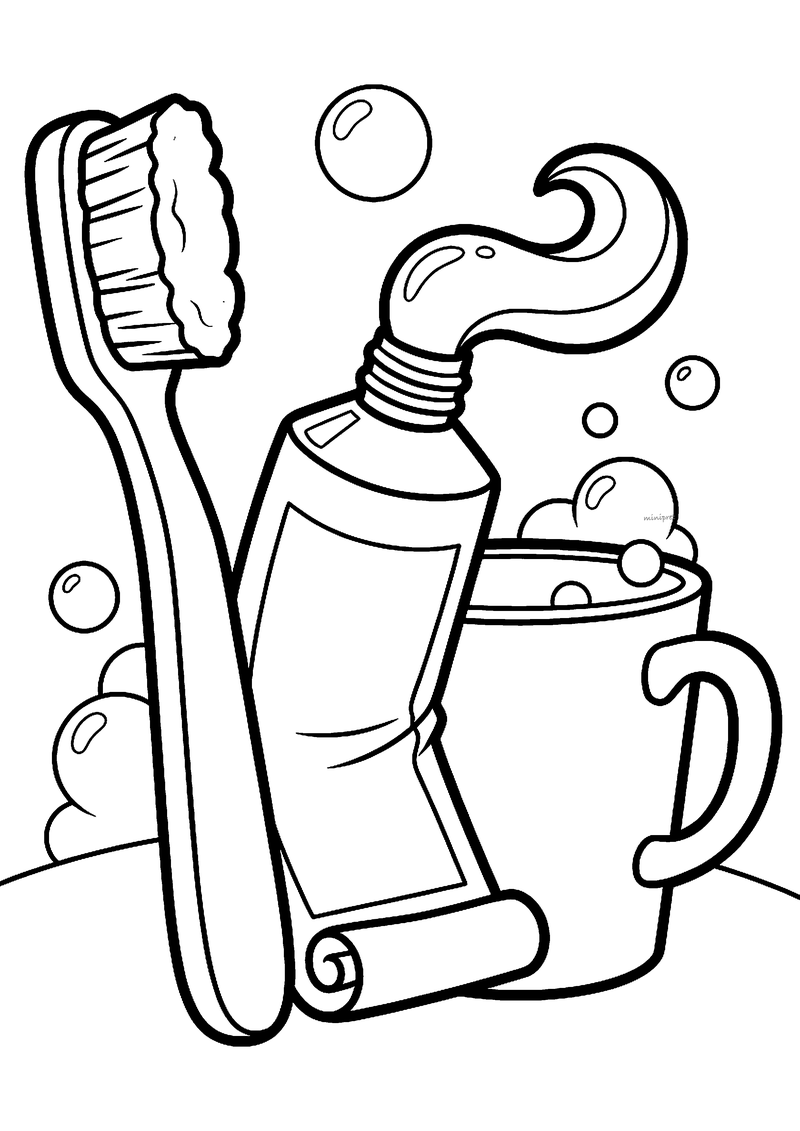 Kleurplaat van een tandenborstel, een tube waar tandpasta uit komt en een beker, omringd door zeepbellen