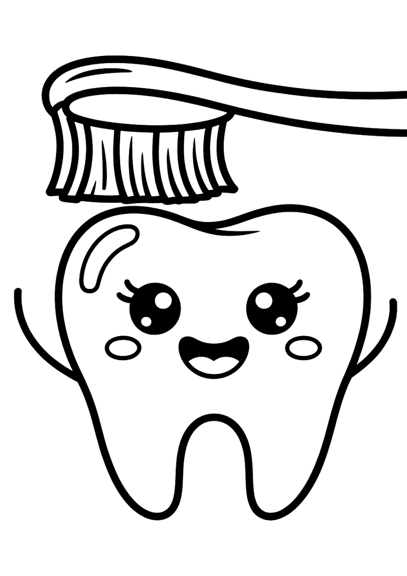 Kleurplaat van een kawaii tand met grote ogen die armpjes uitstrekt onder een grote tandenborstel met borstels.