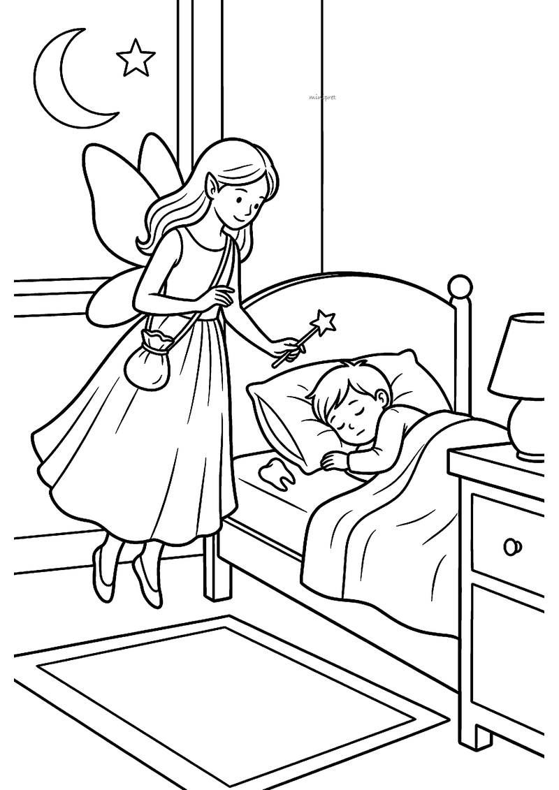 Kleurplaat van de tandenfee met toverstaf die bij het bed van een slapend kind zweeft, met een tandje naast het kussen