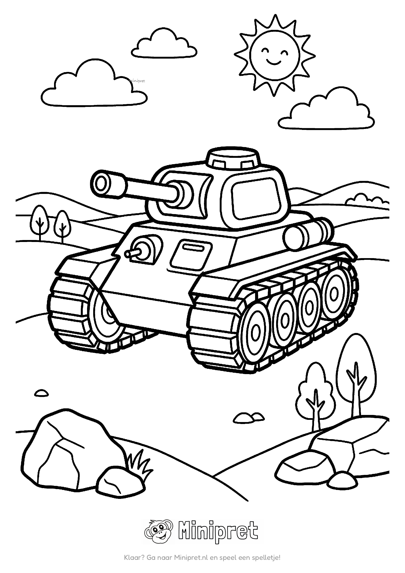 Tank met rupsbanden en lange loop staat in een heuvellandschap met lachende zon, kleine bomen en stenen