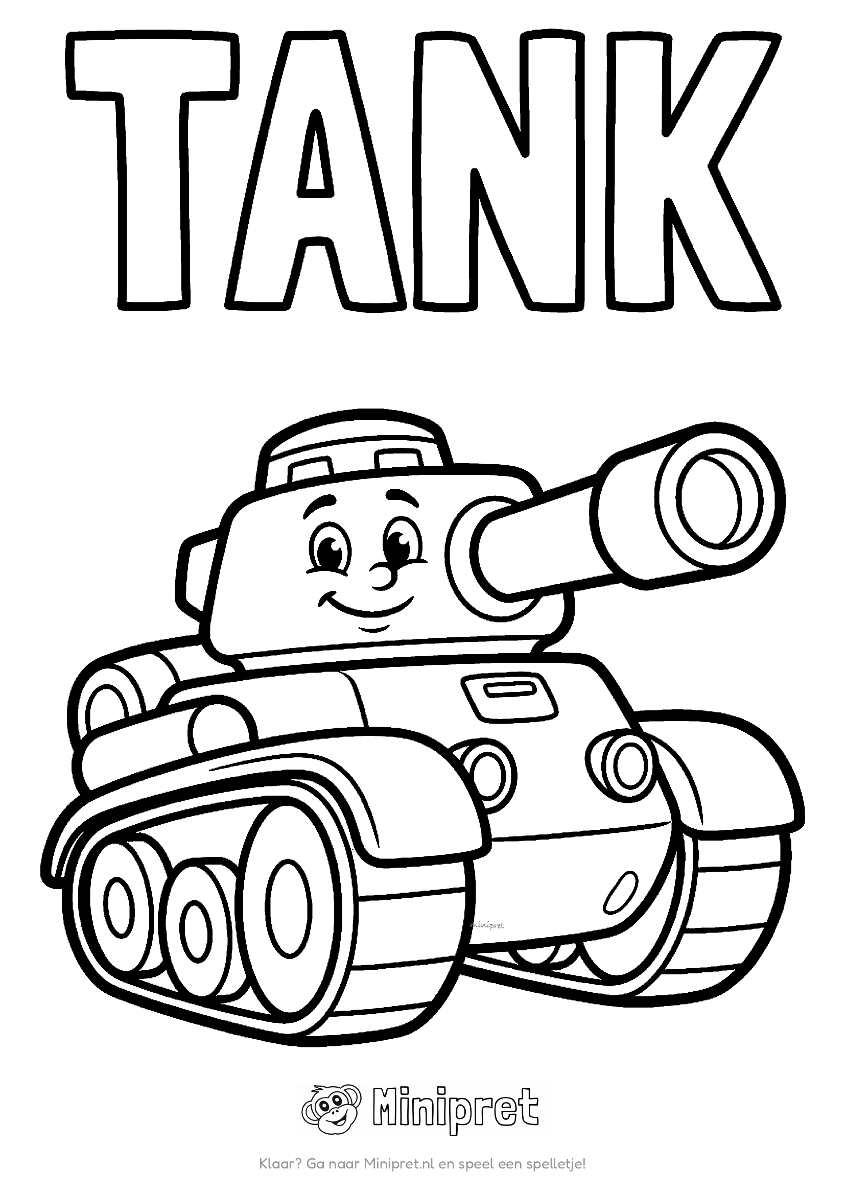 Vrolijke cartoon-tank met lachend gezicht, rupsbanden en lange loop, met het woord TANK in dikke letters erboven