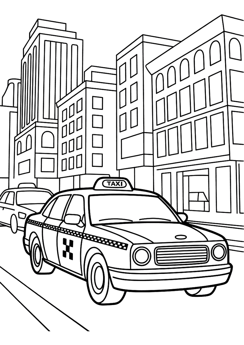 Kleurplaat van een klassieke taxi met dambordpatroon op de zijkant die over een stadsstraat rijdt langs hoge kantoorgebo