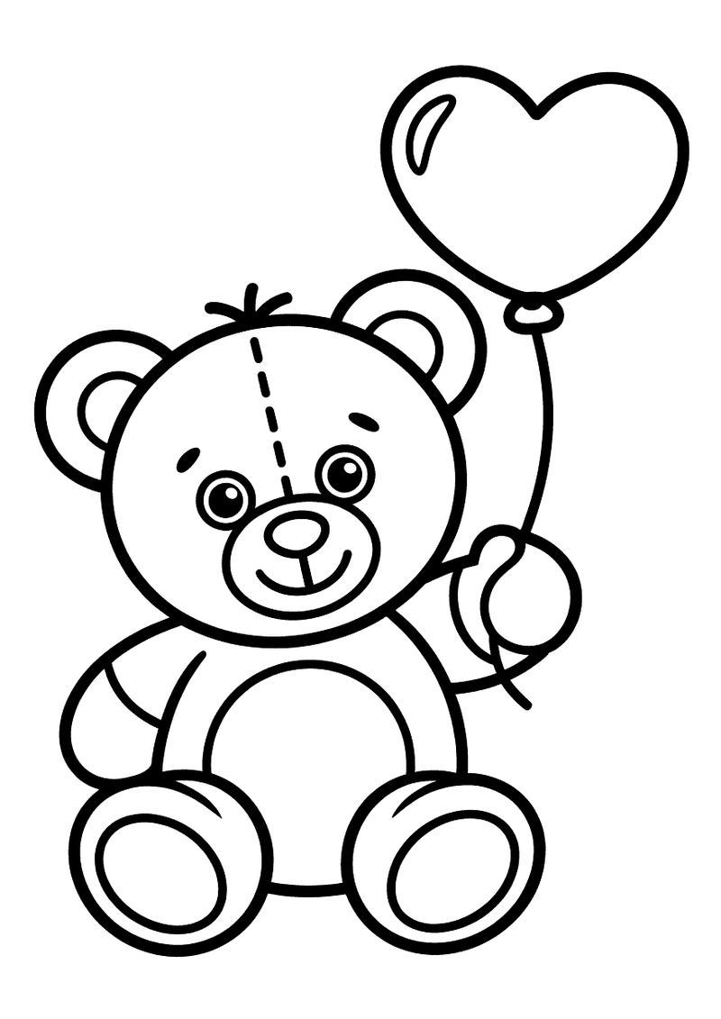 Kleurplaat van een zittende teddybeer met een hechtlijn op zijn hoofd die een hartjesvormige ballon aan een touwtje omho