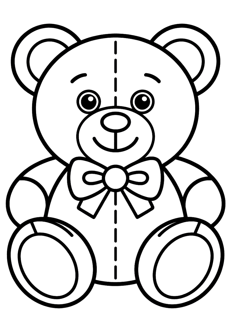 Kleurplaat van een klassieke teddybeer die frontaal rechtop zit met een grote strik aan zijn hals, met een hechtlijn die