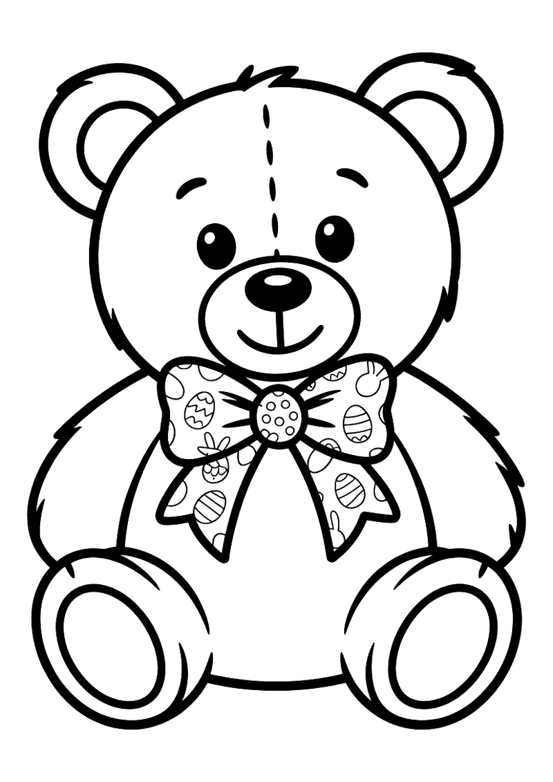 Kleurplaat van een teddybeer die zit met een groot strikje om zijn nek, versierd met een paaseieren- en bloemenpatroon