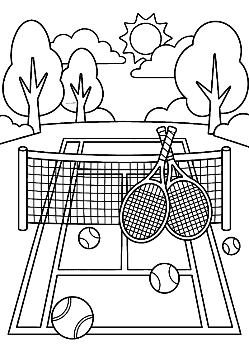 Tennisbaan met rackets en ballen kleurplaat