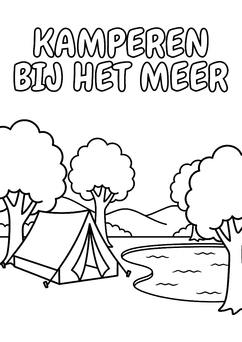Tent bij Meer met Bomen Eromheen met Tekst Kamperen bij het Meer Kamperen Kleurplaat — gratis kleurplaat