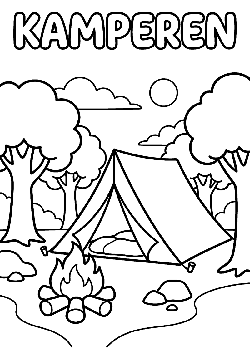 Tent Kampvuur en Bomen met Tekst Kamperen Kamperen Kleurplaat — gratis kleurplaat