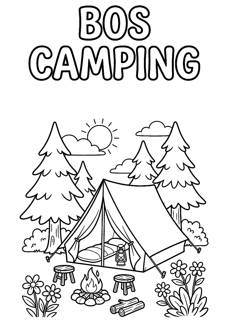 Tent Midden in het Bos met Tekst Bos Camping Kamperen Kleurplaat — gratis kleurplaat printen