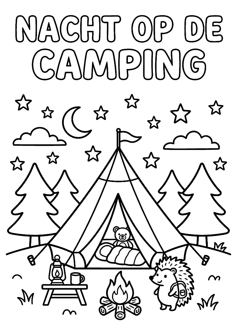 Tent onder Sterrenhemel met Tekst Nacht op de Camping Kamperen Kleurplaat — gratis kleurplaat