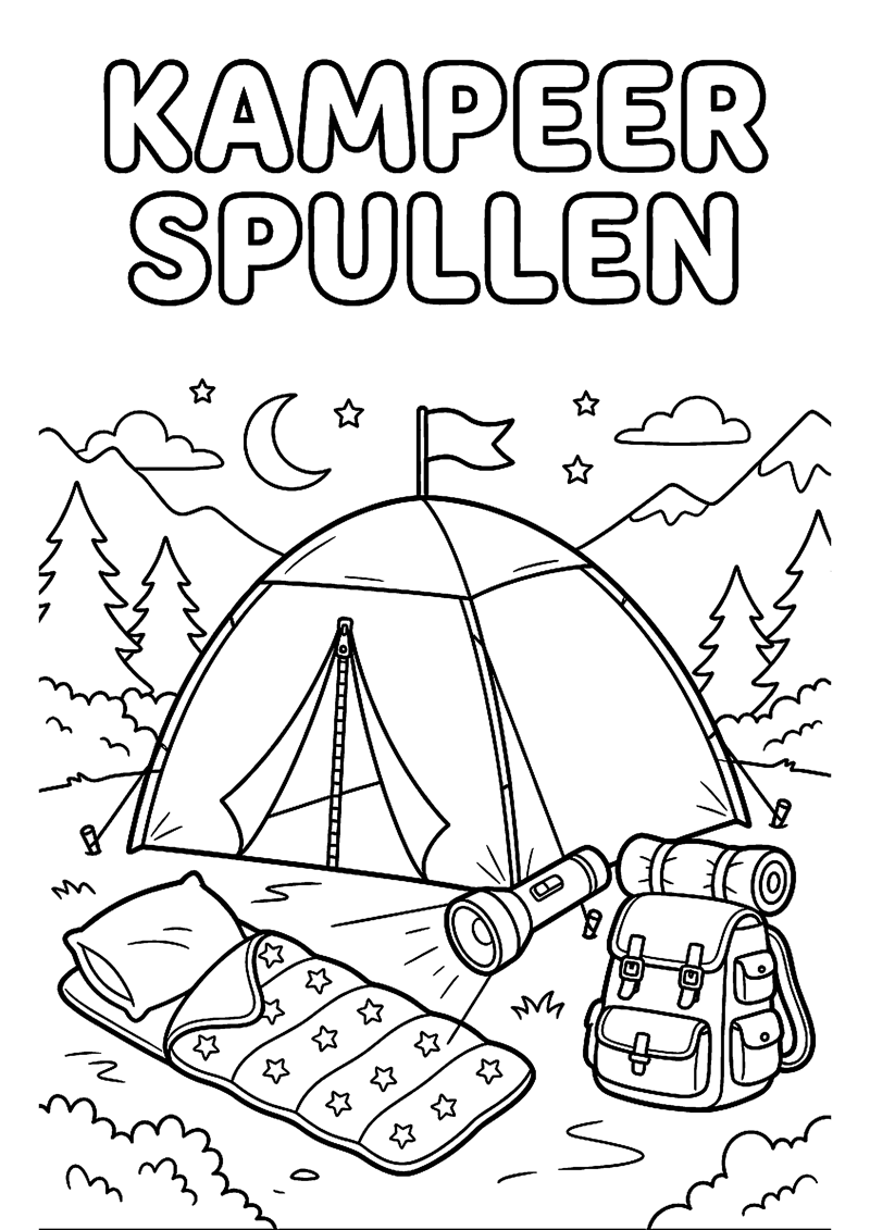 Tent Slaapzak Zaklamp en Rugzak met Tekst Kampeer Spullen Kamperen Kleurplaat — gratis kleurplaat