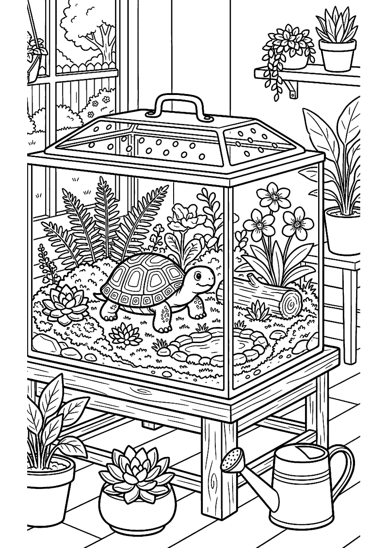 Terrarium met schildpad en planten kleurplaat — gratis kleurplaat