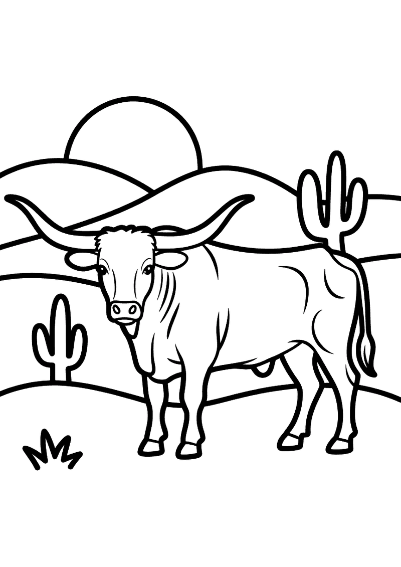 Kleurplaat van een Texas Longhorn stier met enorme hoorns in een woestijn met cactussen en een grote zon op de achtergro