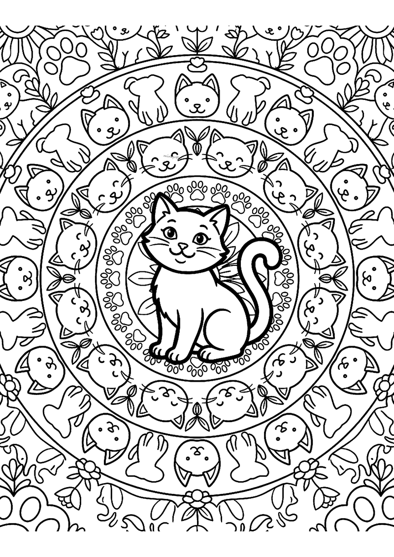 Kleurplaat van een ronde mandala met een zittende poes in het midden, ringen van poezenkopjes, hondjes en pootafdrukken