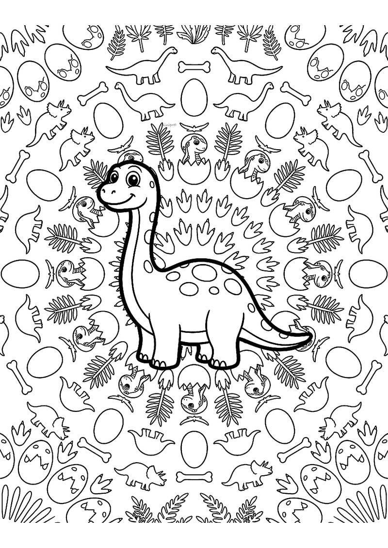 Kleurplaat van een mandala met een lachende langnekdino in het midden, omringd door dino-eieren, botjes en varens