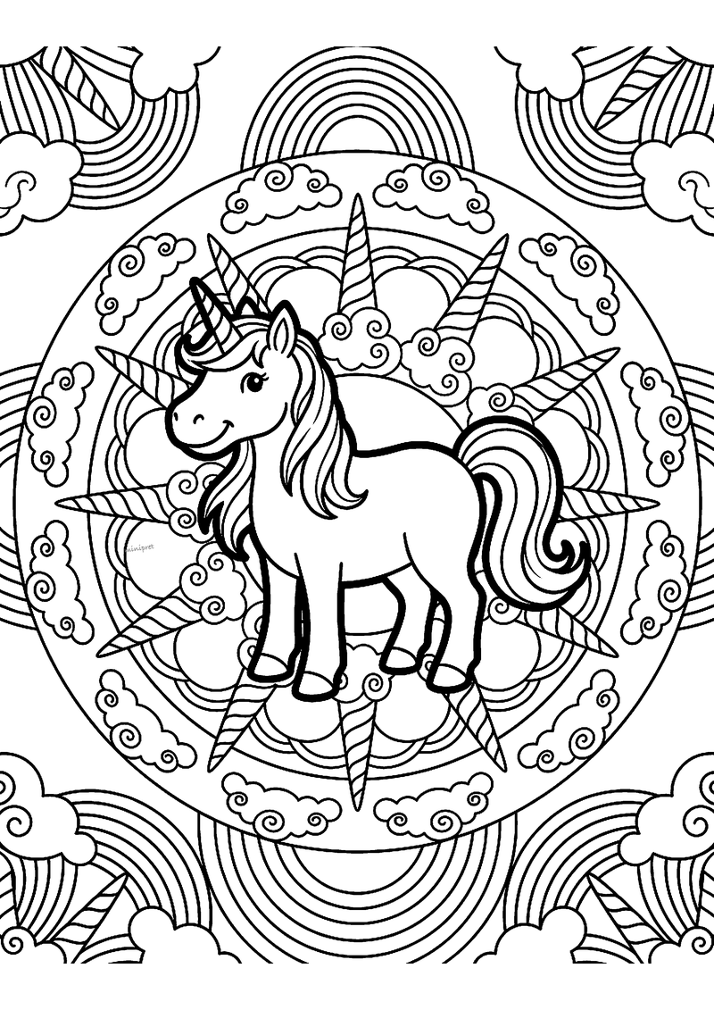Kleurplaat van een mandala met in het midden een eenhoorn, omringd door gedraaide hoorns, krulwolkjes en regenbogen