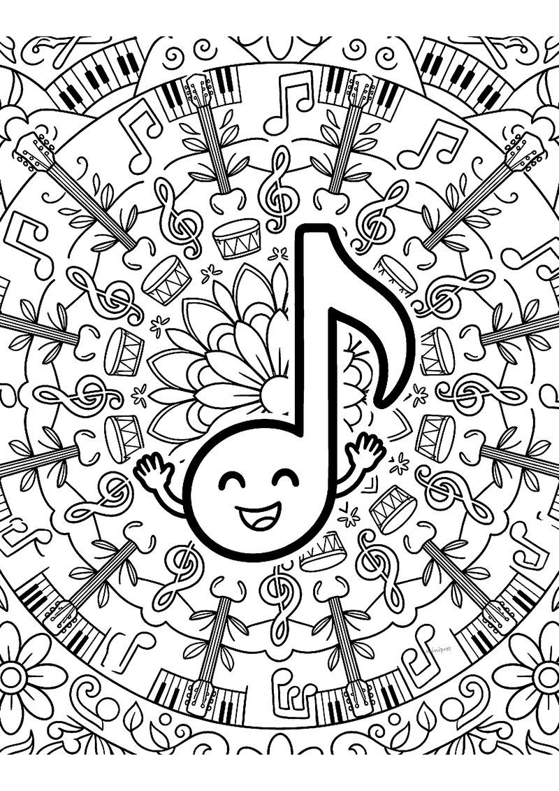 Kleurplaat van een mandala met een lachende muzieknoot in het midden, omringd door gitaren, pianotoetsen en trommels