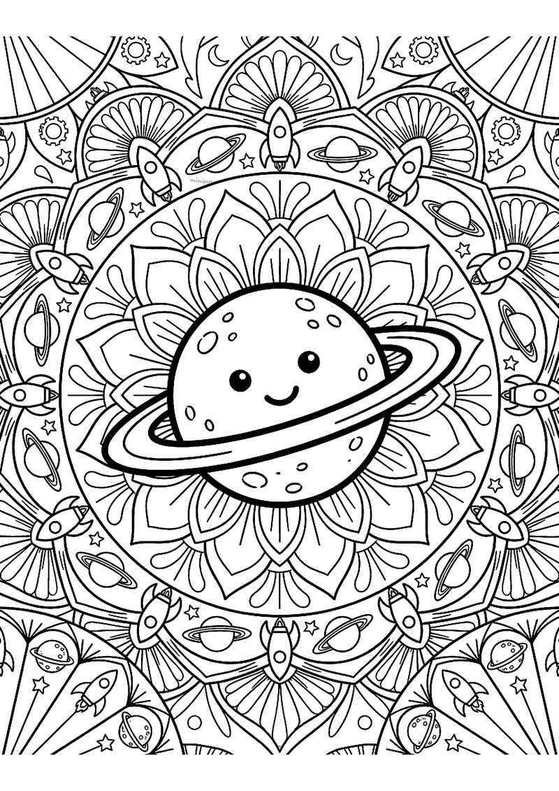 Kleurplaat van een mandala met een lachende planeet met ring in het midden, omringd door raketten, planeten en sterren