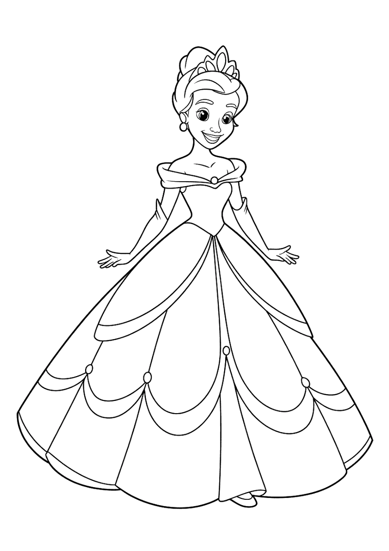 Kleurplaat van prinses Tiana in een grote baljurk met gelaagde rok, gespreide armen en een kroon op haar hoofd