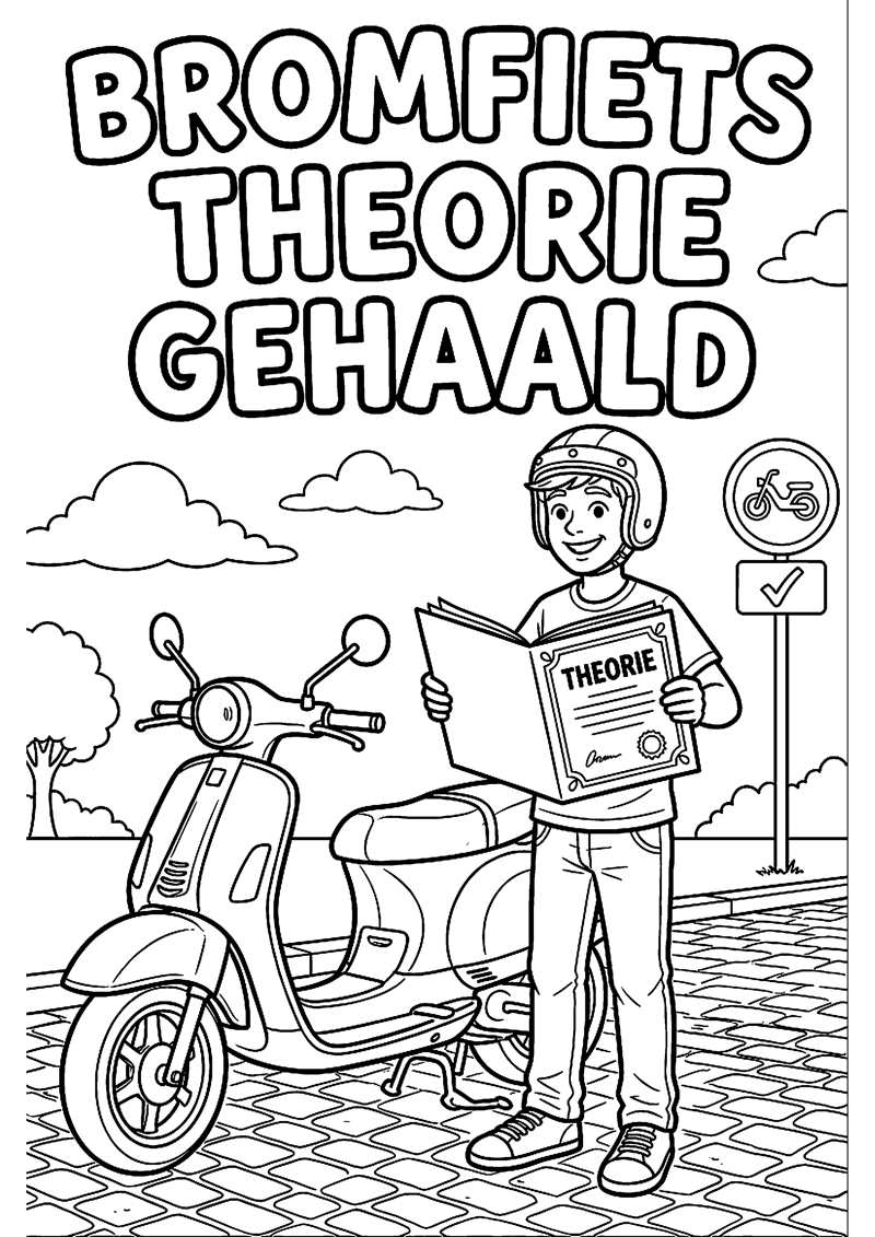 Tiener met Theoriecertificaat en Bromfiets met Tekst Bromfiets Theorie Gehaald Geslaagd Kleurplaat — gratis kleurplaat