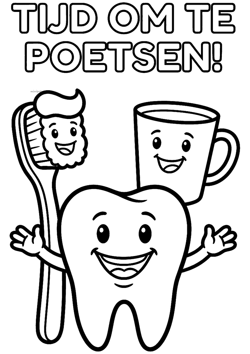 Kleurplaat van een lachende tand met armen, een tandenborstel met een lachend klodder tandpasta en een vrolijke beker