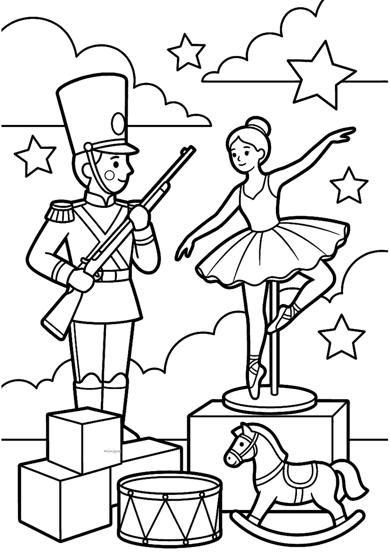 Kleurplaat van de tinnen soldaat met geweer naast een ballerina op een voetstuk, met blokken, trommel en hobbelpaard
