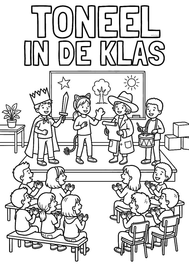 Kleurplaat van een koning, een kat, een detective en een trommelaar die toneelspelen voor de klas