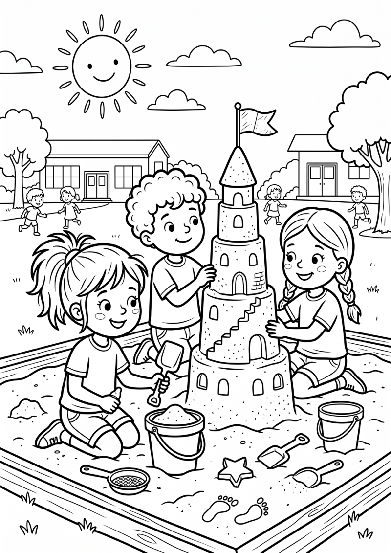 Toren Bouwen in Zandbak Kleurplaat — gratis kleurplaat