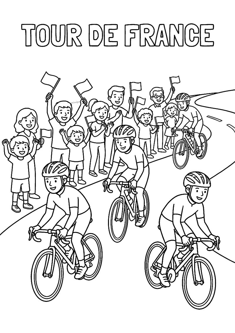 Kleurplaat van vier wielrenners met helm op een kronkelende weg, met juichende mensen met vlaggetjes langs de kant